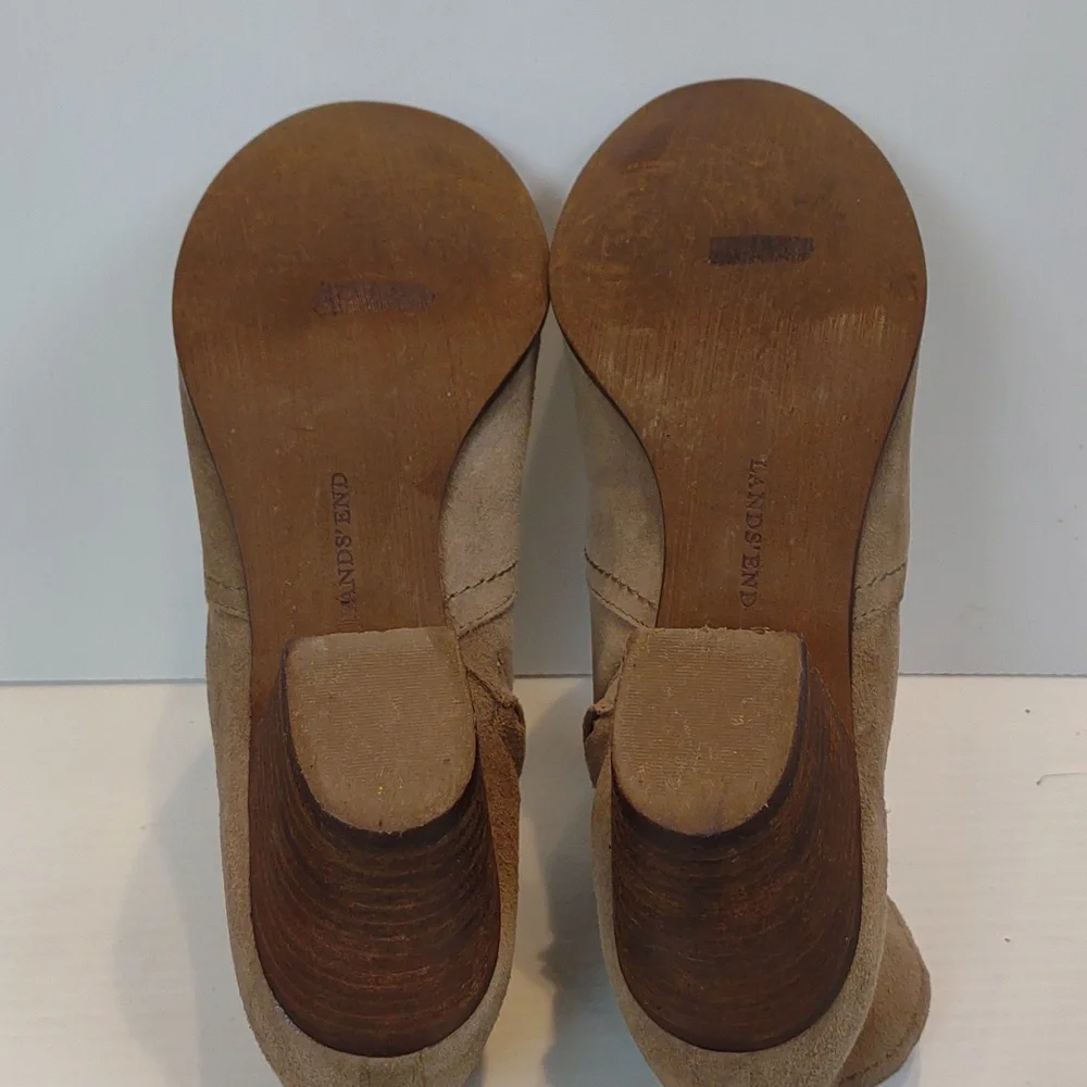 Lands' End Women's Harris Taupe Suede Side Zip Faux Wooden Heel Ankle Bootie